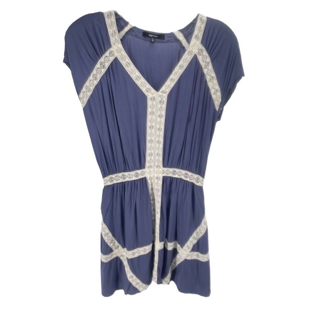 Funktional Womens Shift Dress Lace V Neck Mini Elastic Waist Blue Cream Small